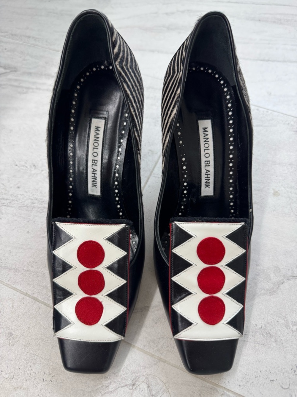 Manolo Blahnik Black Leather Pumps with Red & White Geometric